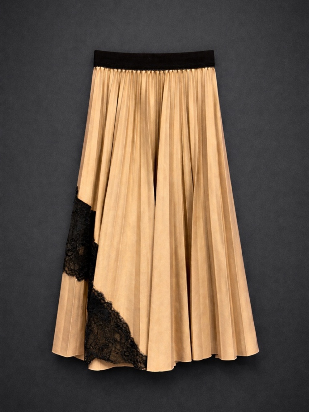 Chicwish Beige Maxi Skirt with Black Lace Trim